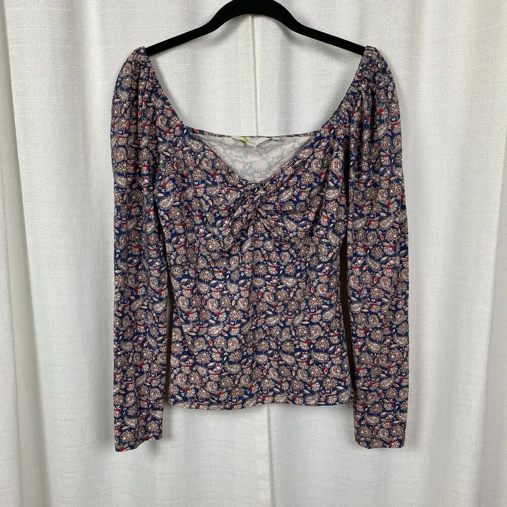 Boden Blue&Pink Paisley Puff Sleeve Sweetheart Neckline Jersey Top Sz.8